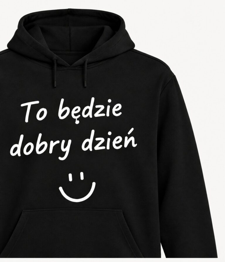 Wizualizacja czarnej bluzy z kapturem, uśmiechem i napisem To będzie dobry dzień