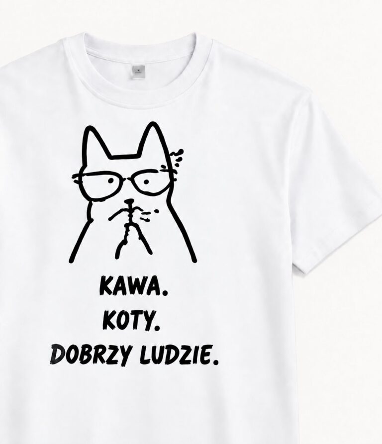 Wizualizacja białej koszulki z kotem w okularach i napisem Kawa. Koty. Dobrzy ludzie.