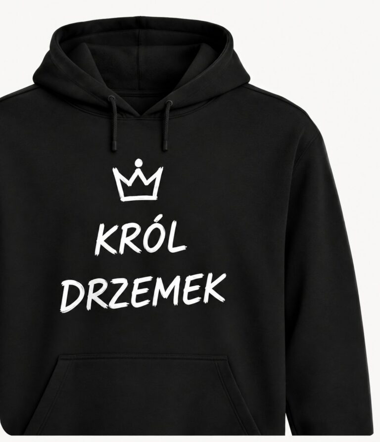 Wizualizacja czarnej bluzy z kapturem, koroną i napisem Król drzemek