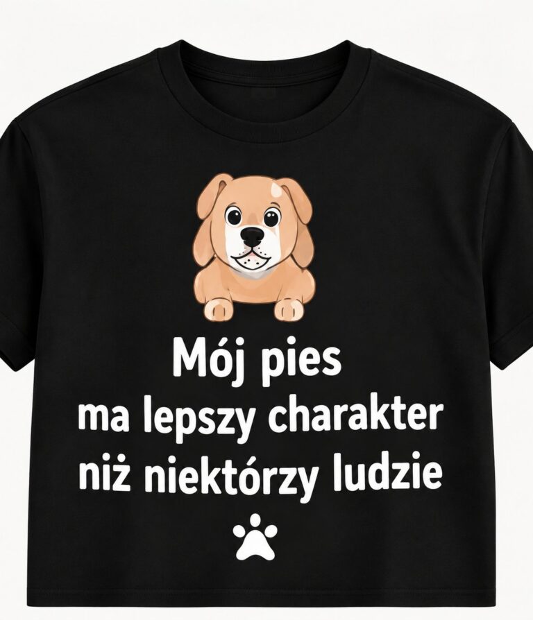 Wizualizacja czarnej koszulki z psim motywem i napisem